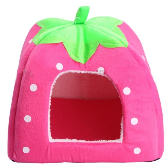 Strawberry House Velvet Pet Bed Pink Green - Picture 1 of 8